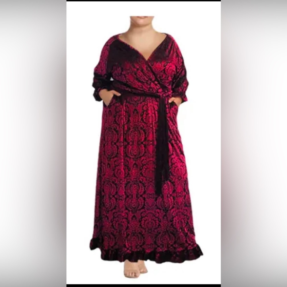 Melissa Masse Tapestry Red Velvet Maxi faux wrap self belt bottom ruffle Plus Sz